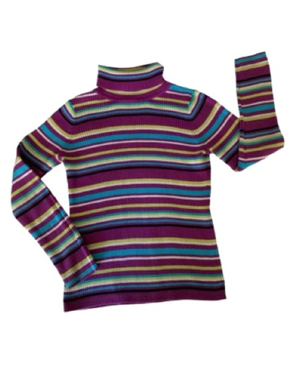 J. Khaki Turtleneck Girl M Purple Green Blue Striped Sweater Ribbed Long Sleeves
